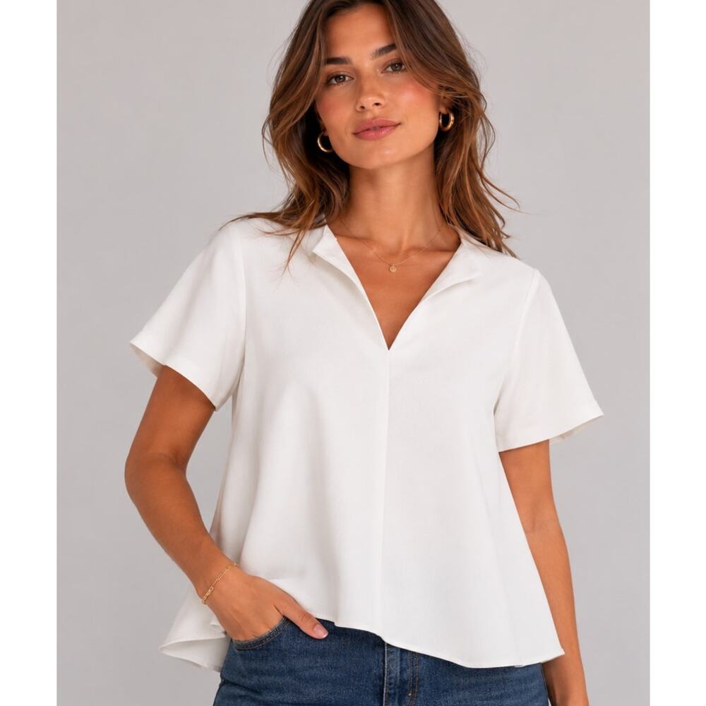 Rachel Comey Short Sleeve Split Neck Swing Blouse in White, Size 4